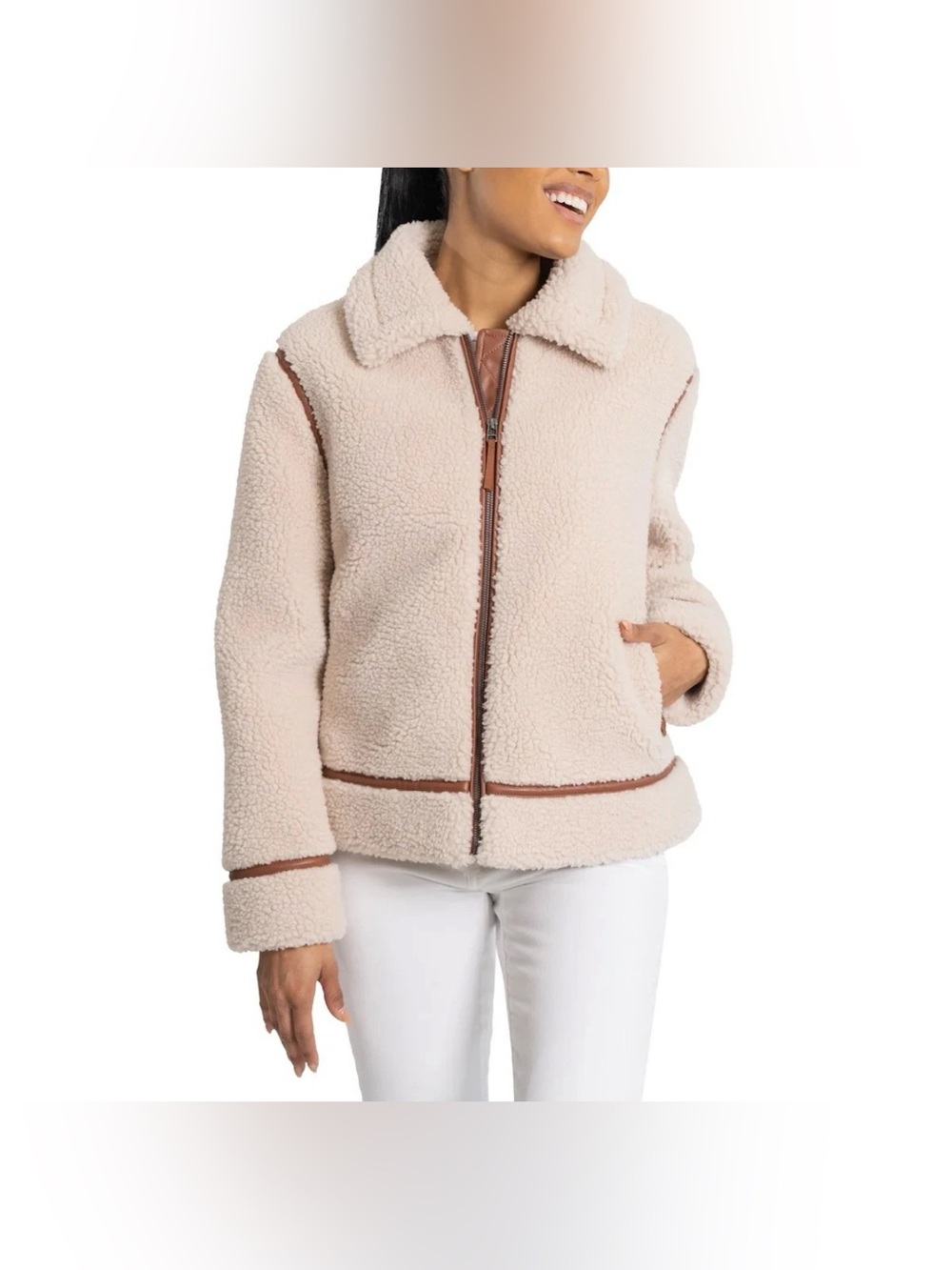 BEARPAW Moto Shearling Jacket Womens Large L Cream Faux Sherpa Zip Coat New Cozy